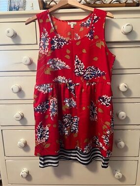 Anthropologie Red Floral Sleeveless Dress with Navy Stripe Hem
